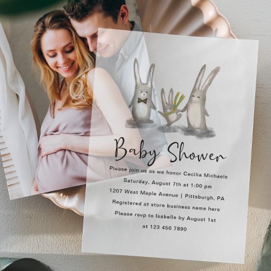 Schattigee Waterverf Bunnies Baby shower Vellum Uitnodigingen