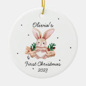 Schattigee Waterverf Bunny Baby's Eerste Kerstmis Keramisch Ornament (Voorkant)