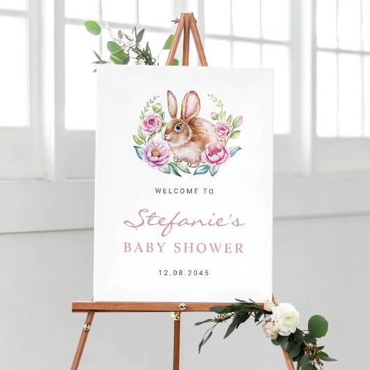 Schattigee Waterverf Bunny en Roze Bloemen Baby sh Poster