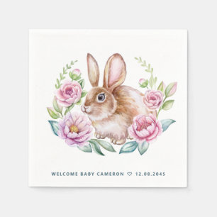 Schattigee Waterverf Bunny en Roze Bloemen Baby sh Servet