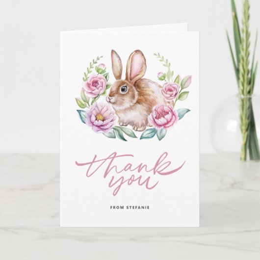 Schattigee Waterverf Bunny en Roze Bloemen Krans Bedankkaart (Voorkant)