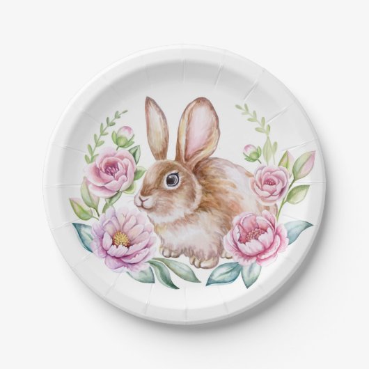 Schattigee Waterverf Bunny en Roze Bloemen Krans Papieren Bordje (Voorkant)