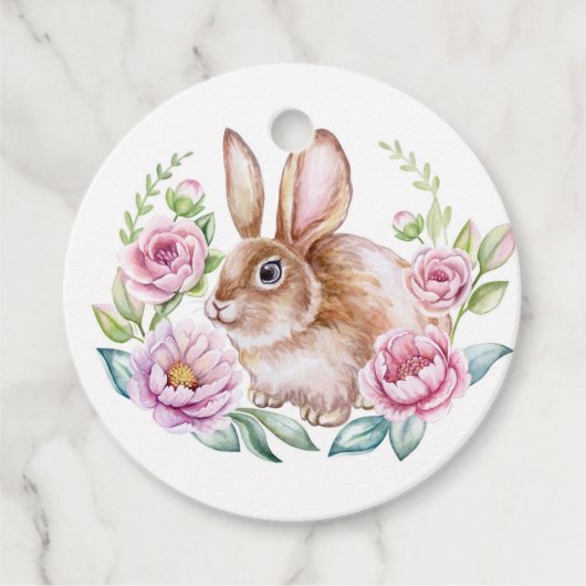 Schattigee Waterverf Bunny en Roze Bloemen Verjaar Bedankjes Labels (Voorkant)