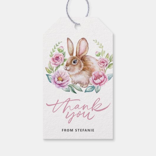 Schattigee Waterverf Bunny en Roze Bloemen Verjaar Cadeaulabel (Achterkant)