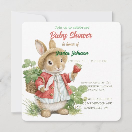 Schattigee Waterverf Bunny met aardbeien Save The Date (Voorkant)