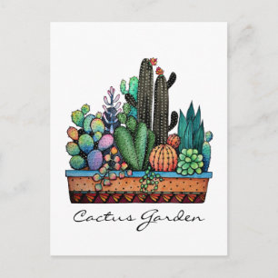Schattigee Waterverf cactus tuin in prachtige pot Briefkaart