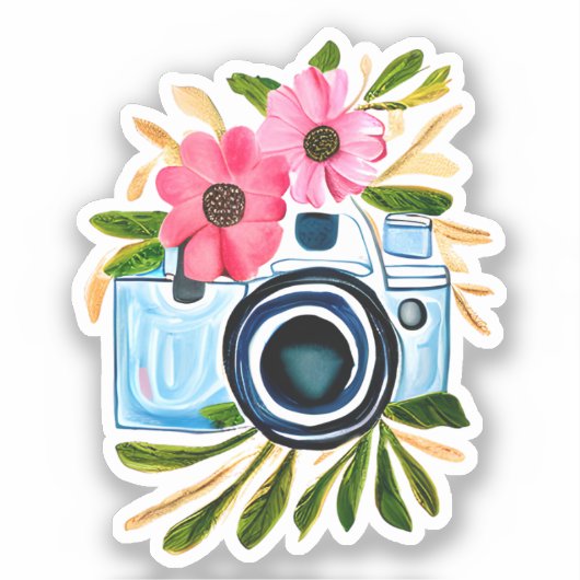 Schattigee Waterverf Camera en Bloemen Sticker (Voorkant)