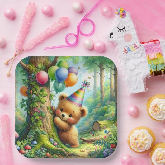 Schattigee Waterverf Cartoon Baby Beer welp Verjaa Papieren Bordje (Feest)