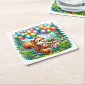 Schattigee Waterverf Cartoon Eekhoorn Verjaardag Kartonnen Onderzetters (Schuin)