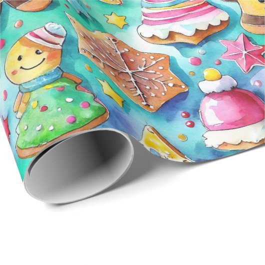 Schattigee Waterverf Cartoon Gingerbread Cookie Cadeaupapier (Rol Hoek)