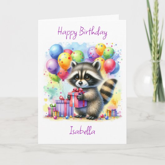 Schattigee Waterverf Cartoon Raccoon Happy Birthda Kaart (Voorkant)
