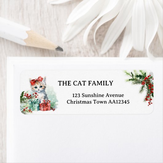Schattigee Waterverf Cat Christmas Retouradreslabe Etiket (Insitu)