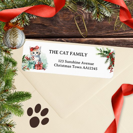 Schattigee Waterverf Cat Christmas Retouradreslabe Etiket