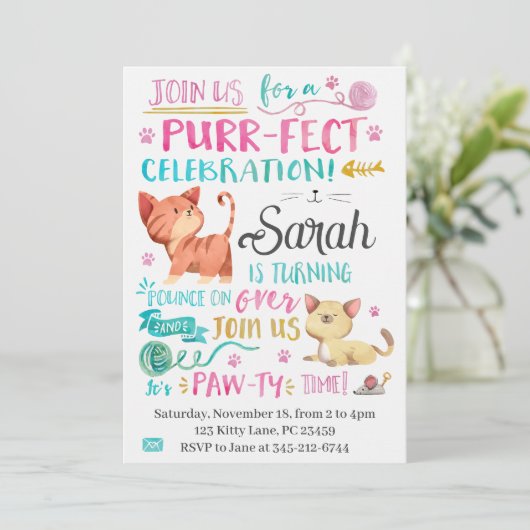 Schattigee Waterverf Cat Invite Kaart (Staand voorkant)