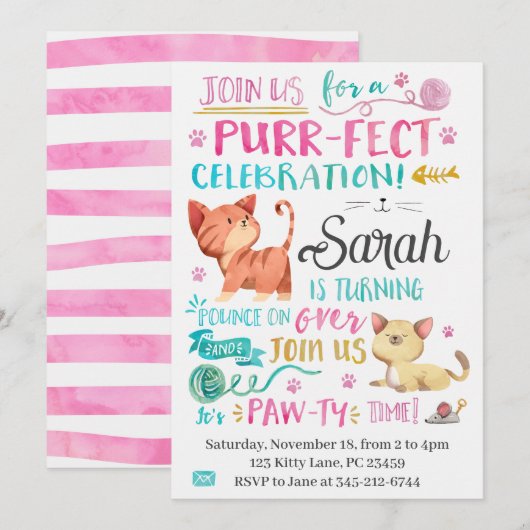 Schattigee Waterverf Cat Invite Kaart (Voorkant / Achterkant)