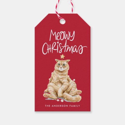 Schattigee Waterverf Cat Meowy Christmas Cadeaulabel (Voorkant)