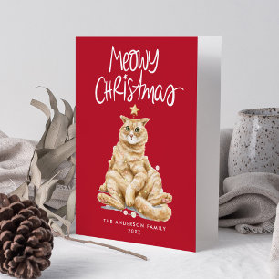 Schattigee Waterverf Cat Meowy Christmas Non-Foto Feestdagen Kaart