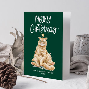 Schattigee Waterverf Cat Meowy Christmas Non-Foto Feestdagen Kaart