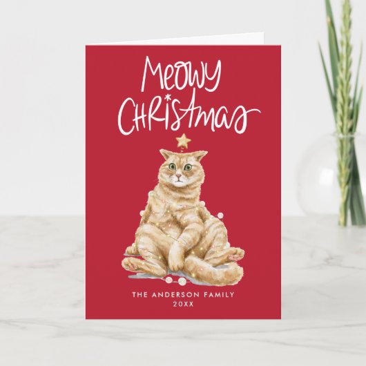 Schattigee Waterverf Cat Meowy Christmas Non-Foto Feestdagen Kaart (Voorkant)