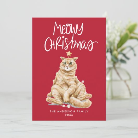 Schattigee Waterverf Cat Meowy Christmas Non-Foto Feestdagenkaart (Staand voorkant)