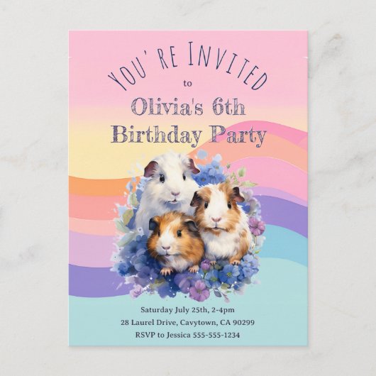 Schattigee Waterverf cavia's  verjaardagsfeestje Uitnodiging Briefkaart (Voorkant)