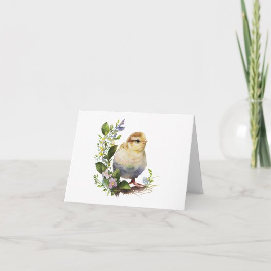 Schattigee Waterverf Chick met Flowers Kaart (Voorkant)