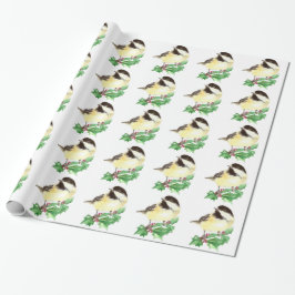 Schattigee Waterverf Chickadee Holly Berry Christm Cadeaupapier