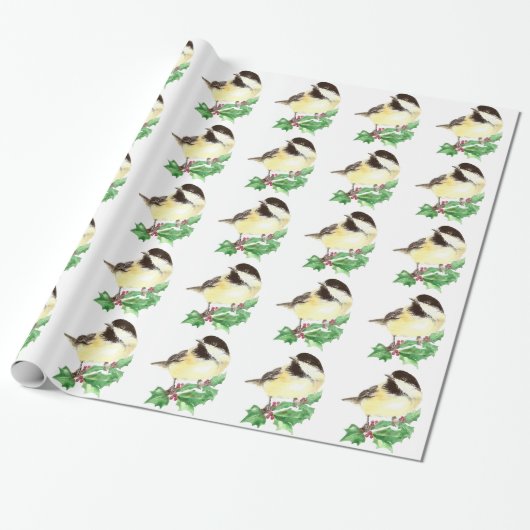 Schattigee Waterverf Chickadee Holly Berry Christm Cadeaupapier (Uitgerold)