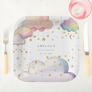 Schattigee Waterverf Cloud Star Baby Girl Shower Papieren Bordje