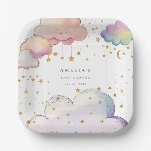 Schattigee Waterverf Cloud Star Baby Girl Shower Papieren Bordje (Voorkant)