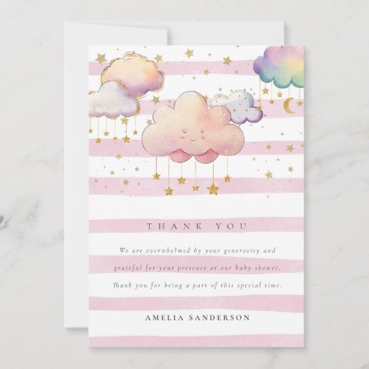 Schattigee Waterverf Cloud Star Baby Meisje Douche Bedankkaart (Voorkant)