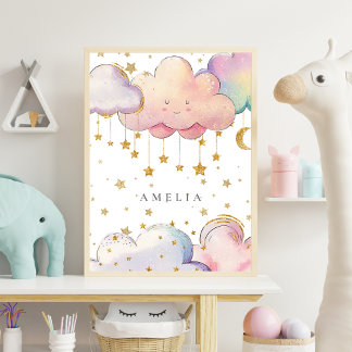 Schattigee Waterverf Cloud Star Baby Meisje Kweker Perfect Poster