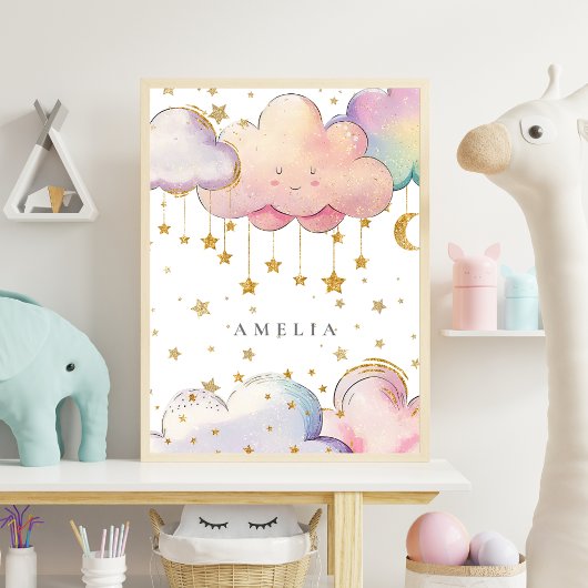 Schattigee Waterverf Cloud Star Baby Meisje Kweker Perfect Poster