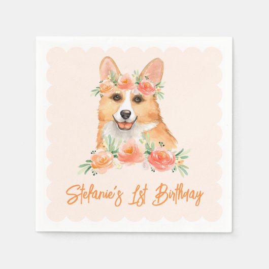 Schattigee Waterverf Corgi en Perzikbloemen Verjaa Servet (Voorkant)