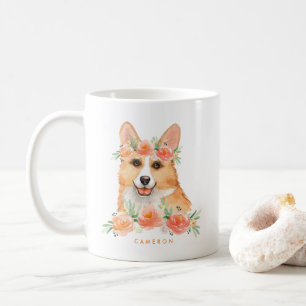 Schattigee Waterverf Corgi Peach Floral gepersonal Koffiemok