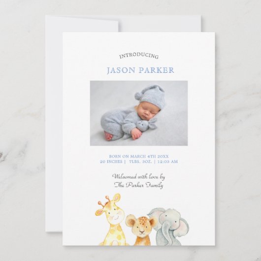 Schattigee waterverf dieren Baby Boy Foto geboorte Aankondiging (Voorkant)
