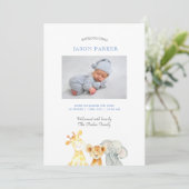 Schattigee waterverf dieren Baby Boy Foto geboorte Aankondiging (Staand voorkant)