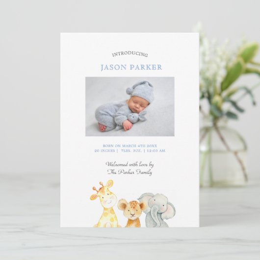 Schattigee waterverf dieren Baby Boy Foto geboorte Aankondiging (Staand voorkant)