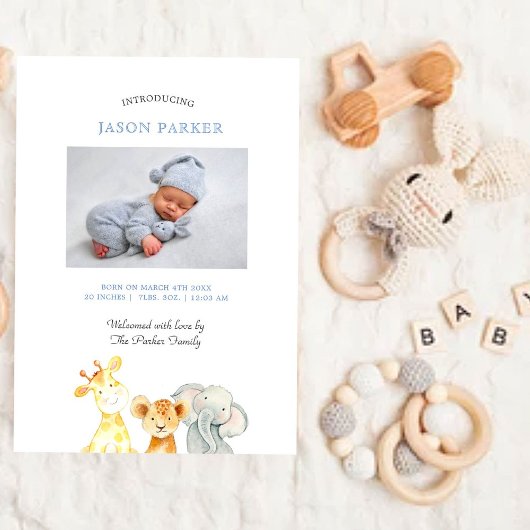 Schattigee waterverf dieren Baby Boy Foto geboorte Aankondiging