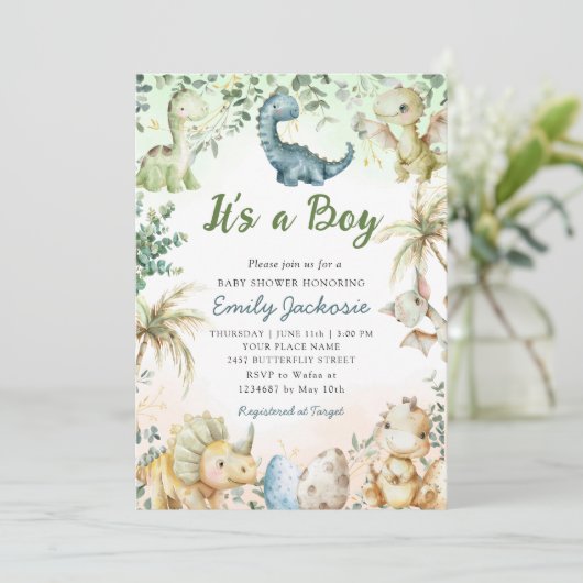 Schattigee Waterverf Dinosaur Greenery Boy Baby sh Kaart (Staand voorkant)