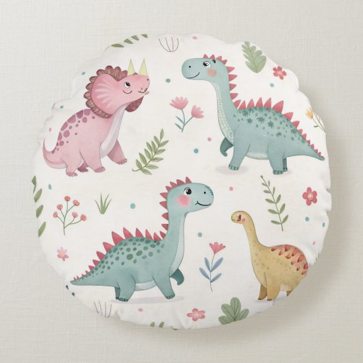 Schattigee Waterverf Dinosaurus Baby Rond Kussen (Voorkant)