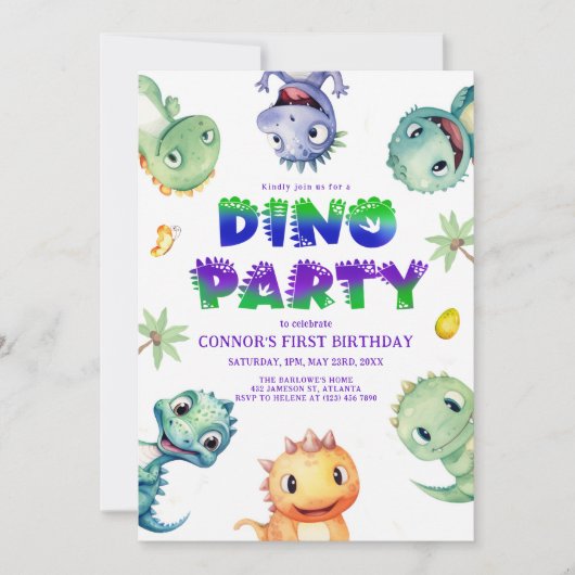 Schattigee Waterverf Dinosaurus Eerste Verjaardags Kaart (Voorkant)