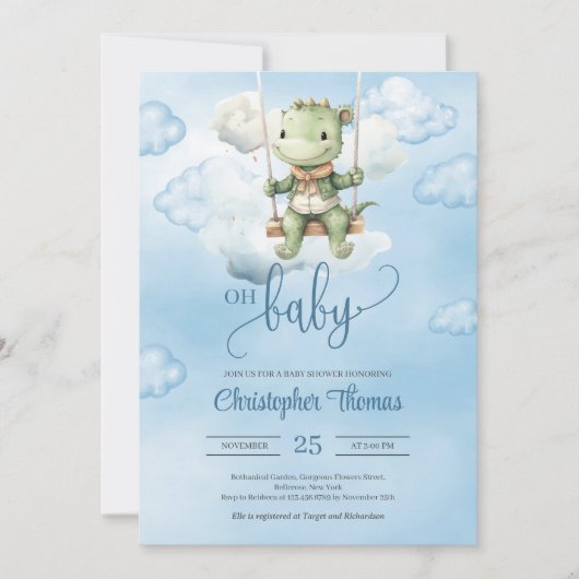 Schattigee waterverf dinosaurus op schommel in de  kaart (Voorkant)