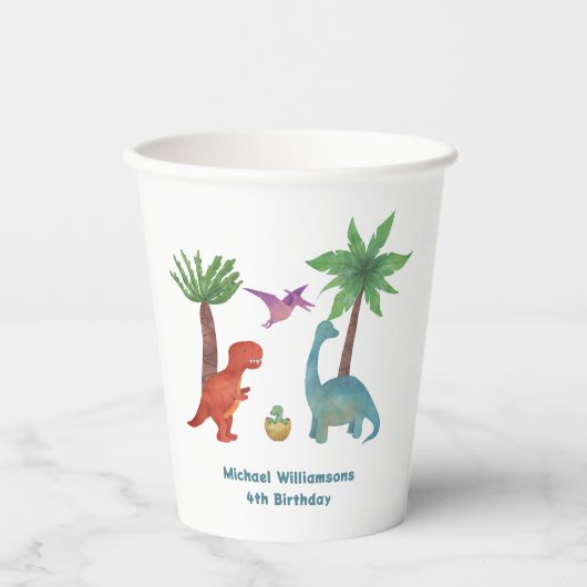 Schattigee waterverf Dinosaurus thema Verjaardag Papieren Bekers (Voorkant)