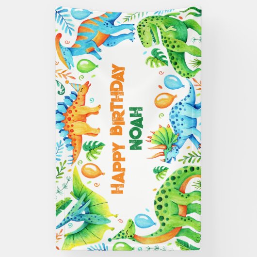 Schattigee Waterverf Dinosaurus Verjaardagsfeest Spandoek (Verticaal)