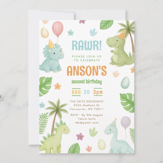 Schattigee Waterverf dinosaurus verjaardagsfeestje Kaart (Voorkant)