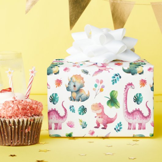 Schattigee Waterverf Dinosaurussen Prehistorische  Cadeaupapier (Verjaardagsfeest)