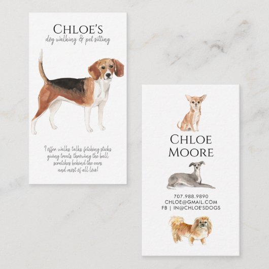 Schattigee Waterverf Dog Walker Pet Sitter Visitekaartje (Voorkant / Achterkant)