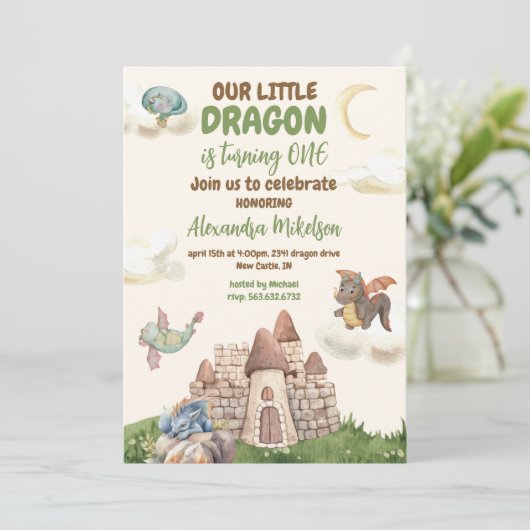 Schattigee Waterverf Dragon Baby 1e Verjaardag Kaart (Staand voorkant)