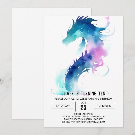 Schattigee Waterverf Dragon Fantasy Verjaardag Kaart (Voorkant / Achterkant)